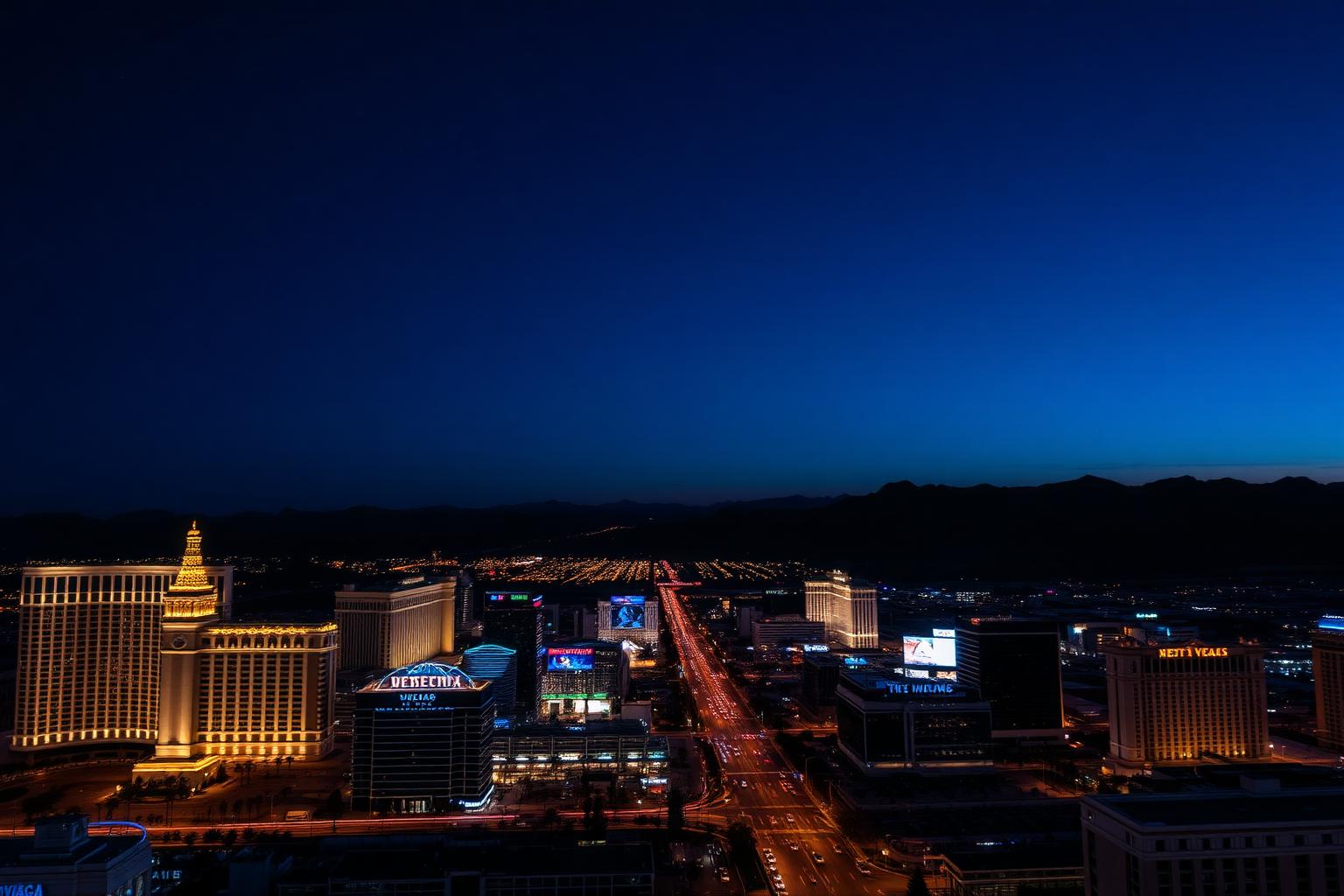 Las Vegas Strip und Wüstenberge in der blauen Stunde