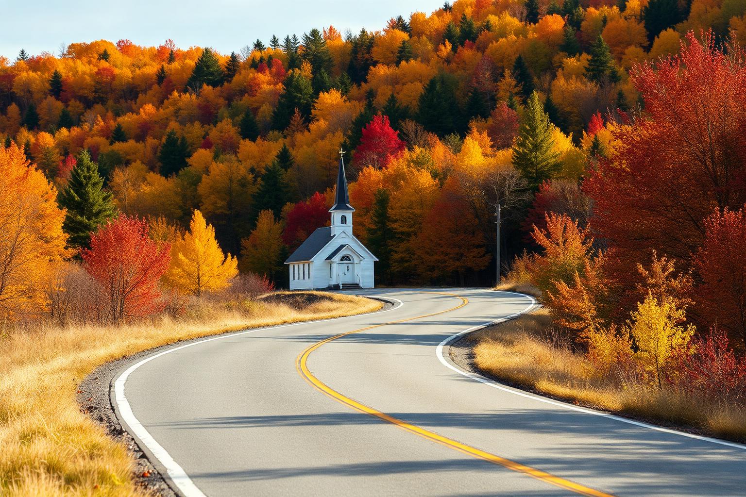 Kurvige Straße durch leuchtende Herbstwälder in New England