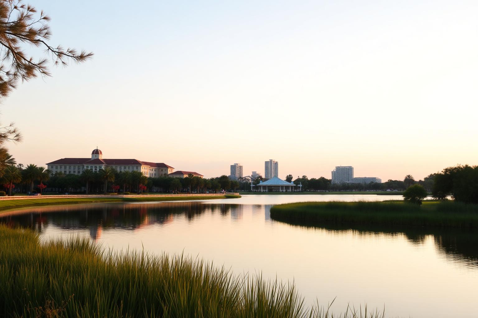 See und Resortlandschaft in Orlando im warmen Abendlicht